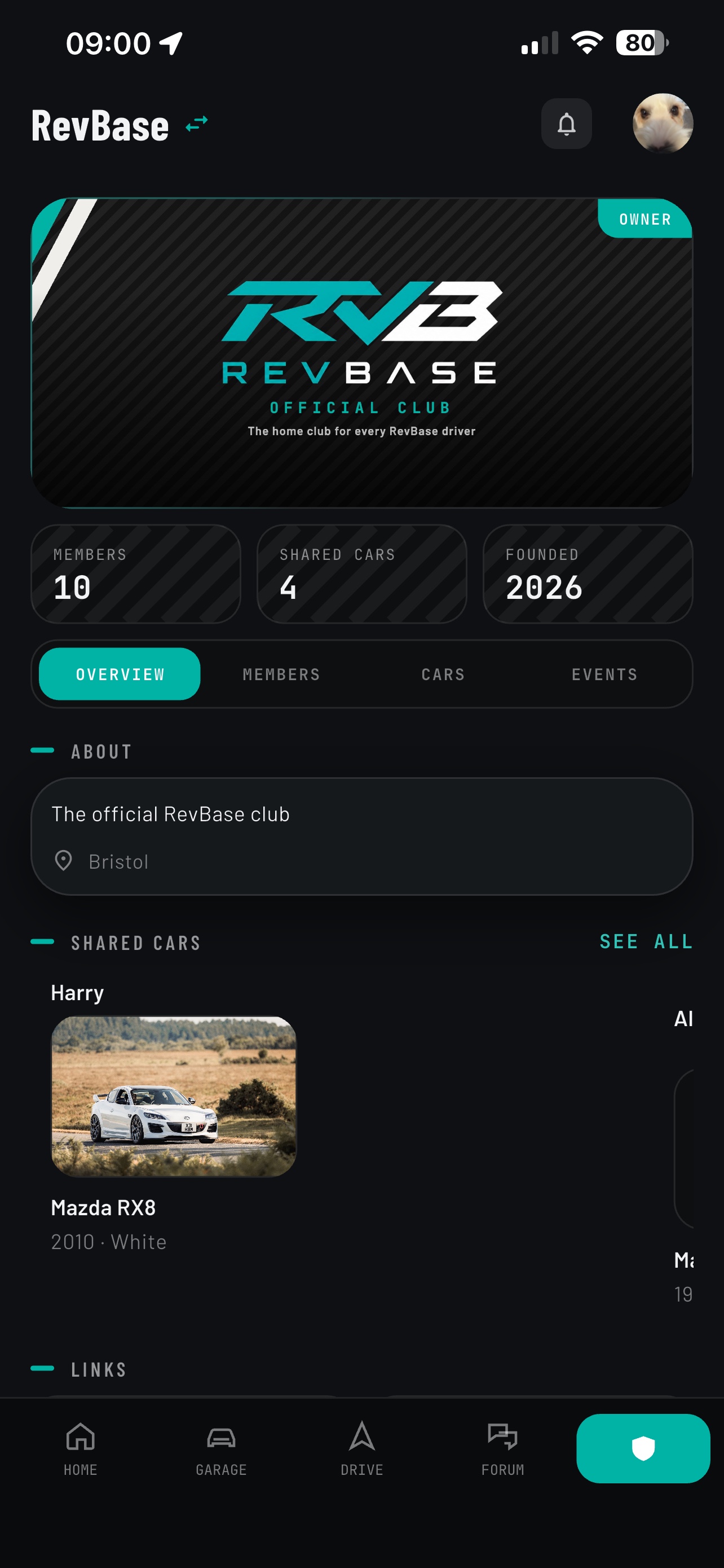 Club home for the official RevBase club in Bristol, with member, shared car and founded counts and the Overview, Members, Cars and Events tabs