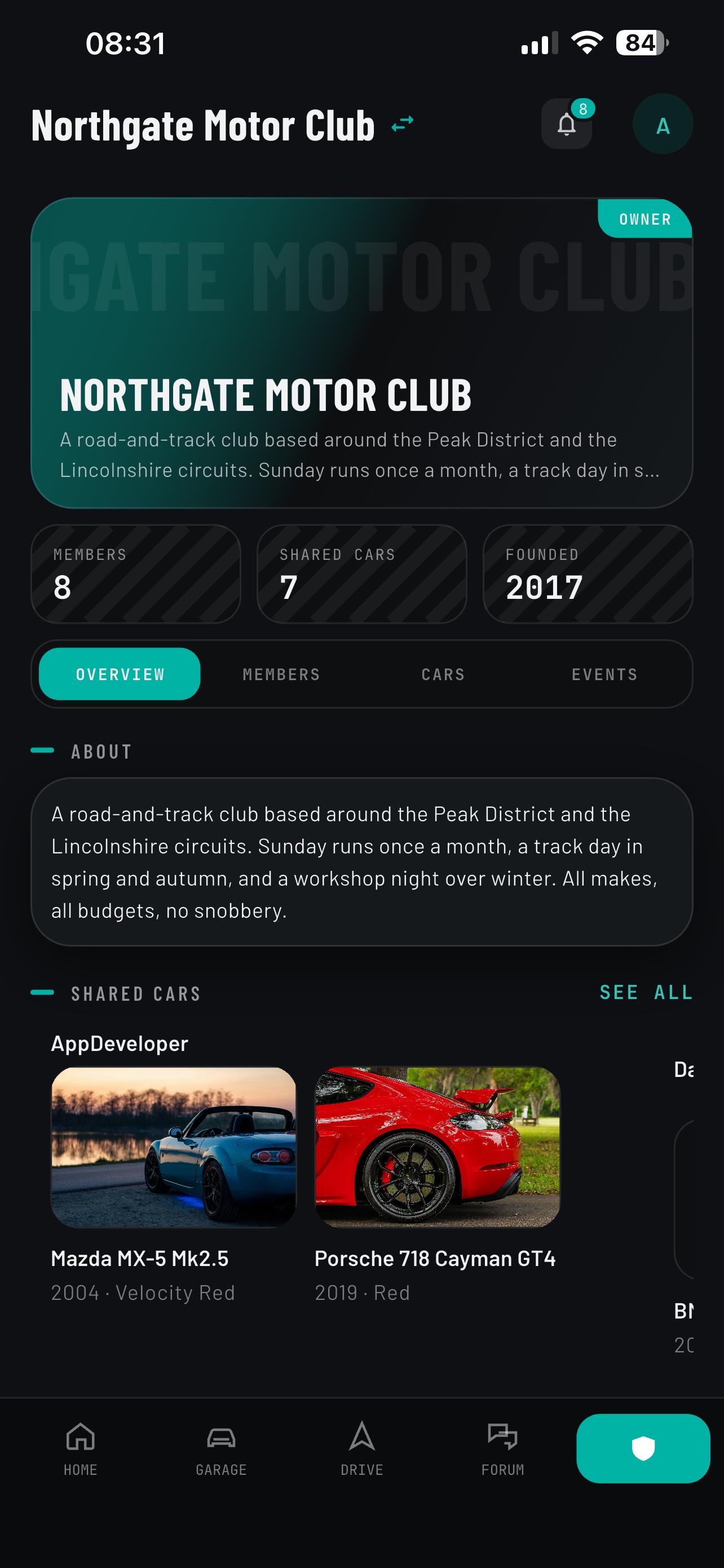 Club home for Northgate Motor Club in the RevBase app: member, shared car and founded counts, the club description and members' shared cars