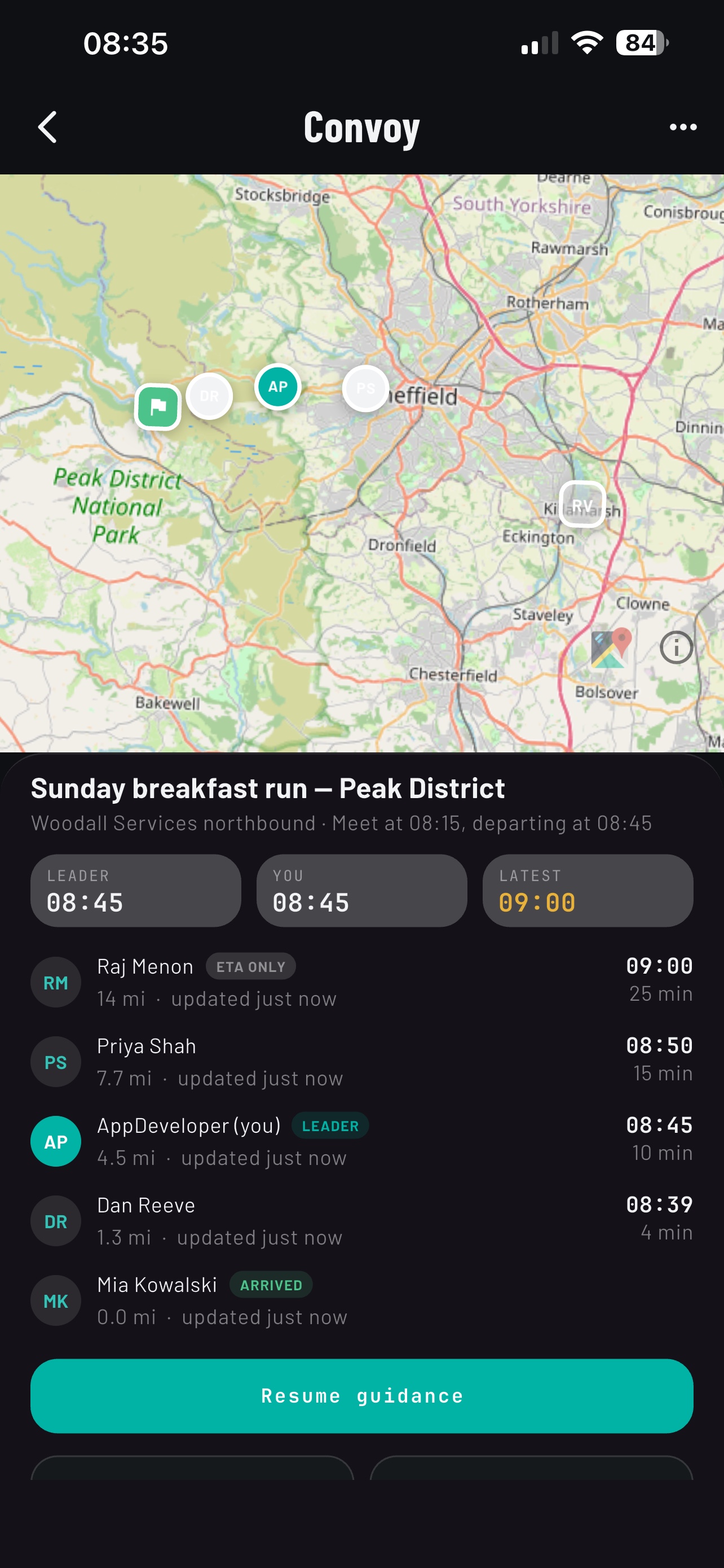 RevBase convoy screen: five drivers on a map of the Peak District with each member's distance and ETA to the meet point