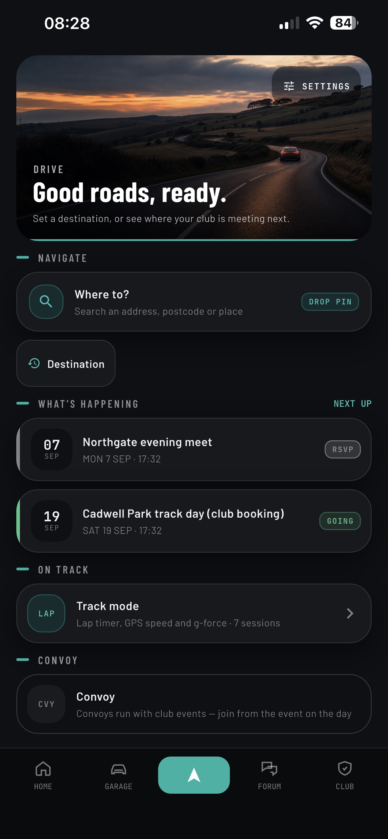 RevBase Drive screen with navigation search, upcoming club events, the Track mode lap timer and Convoy