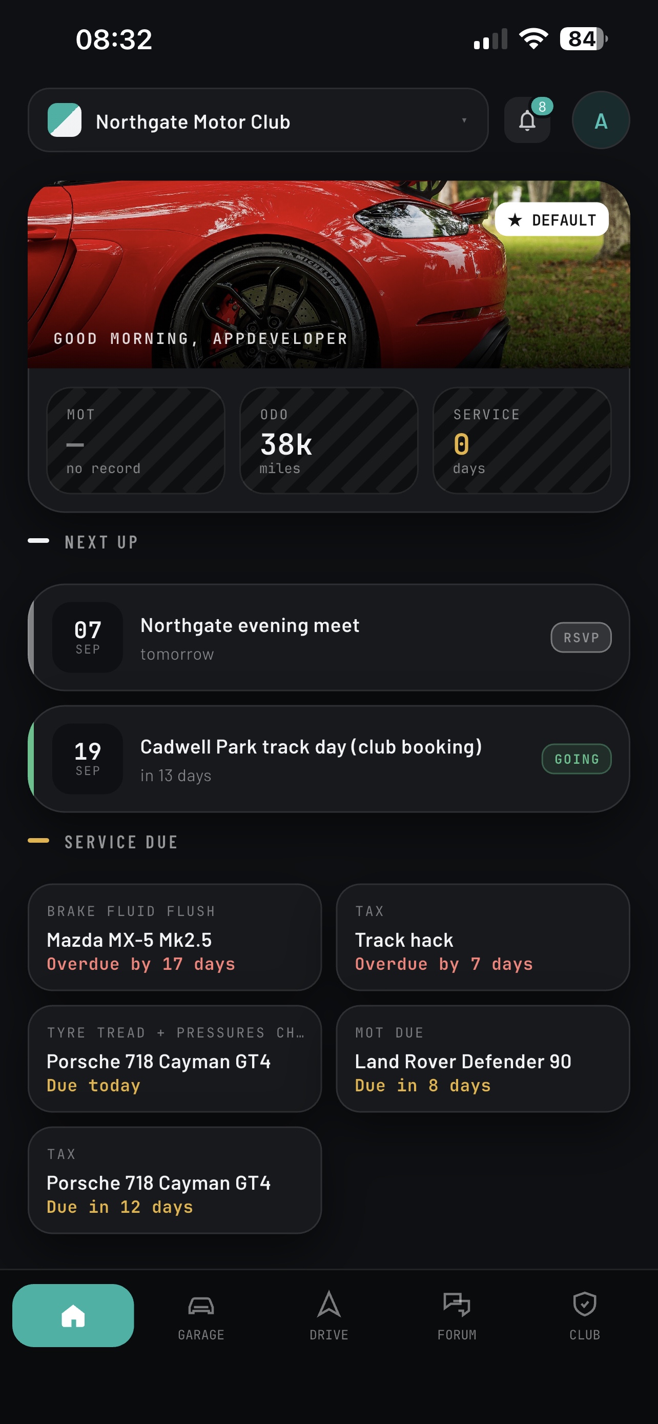 RevBase home screen with the next club events and service due reminders, including an MOT due in 8 days and an overdue brake fluid flush