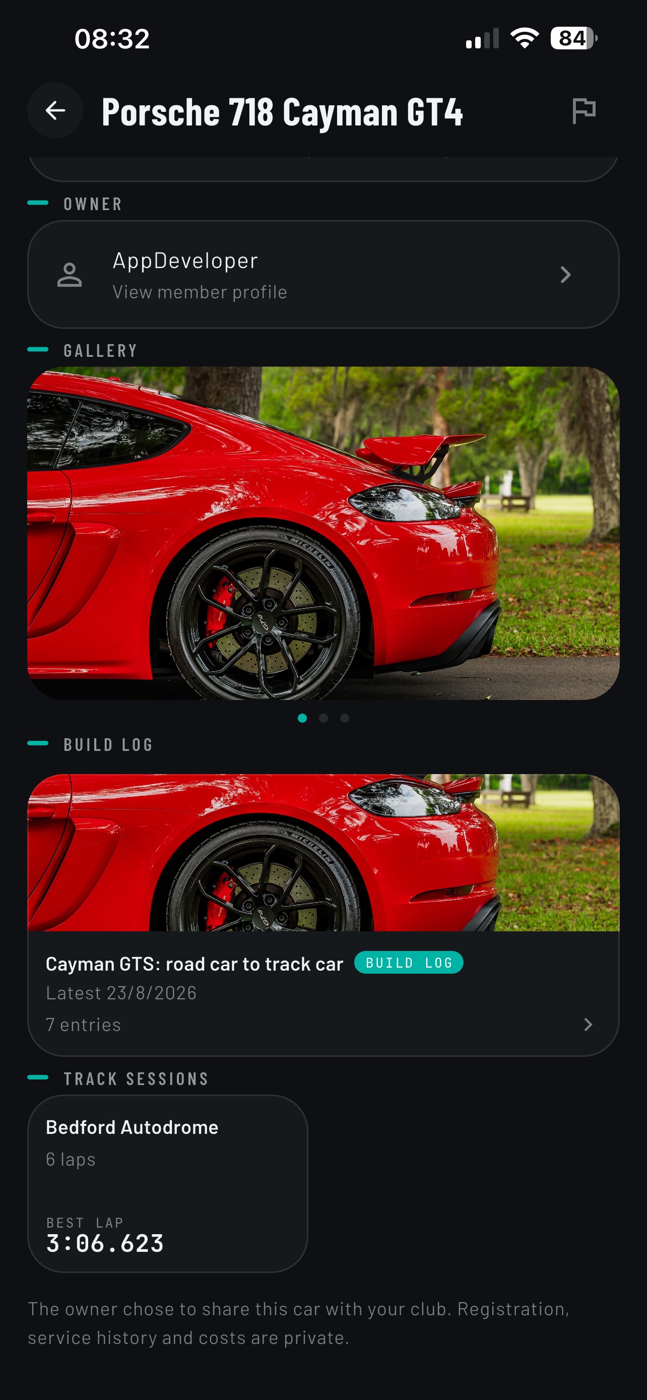 A car shared with a club in RevBase: Porsche 718 Cayman GT4 gallery, build log and track sessions, with registration, service history and costs kept private