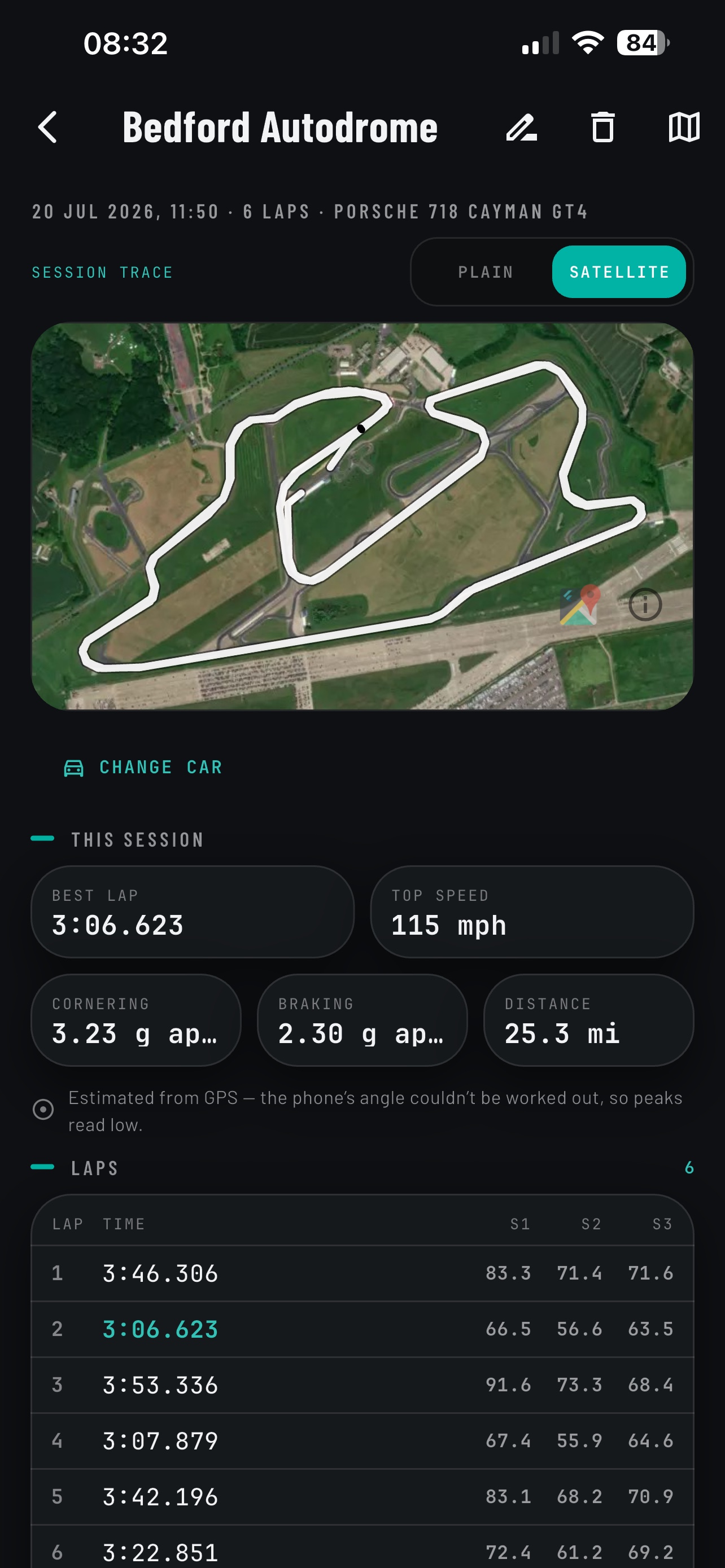 Track session at Bedford Autodrome in the RevBase app: GPS lap trace on satellite view, best lap, top speed, cornering and braking g, and a lap-by-lap sector table