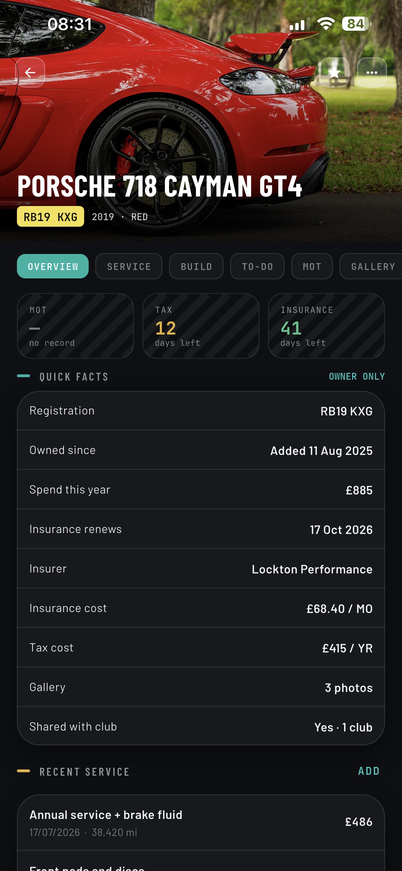 Vehicle overview for a Porsche 718 Cayman GT4 in the RevBase app: MOT, tax and insurance countdowns, quick facts and recent service history